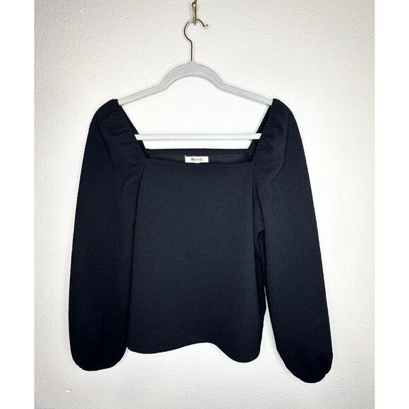 Madewell Women's Black Crepe Square-Neck Long Puff-Sleeve Top AI514 - SMALL - Picture 2 of 6